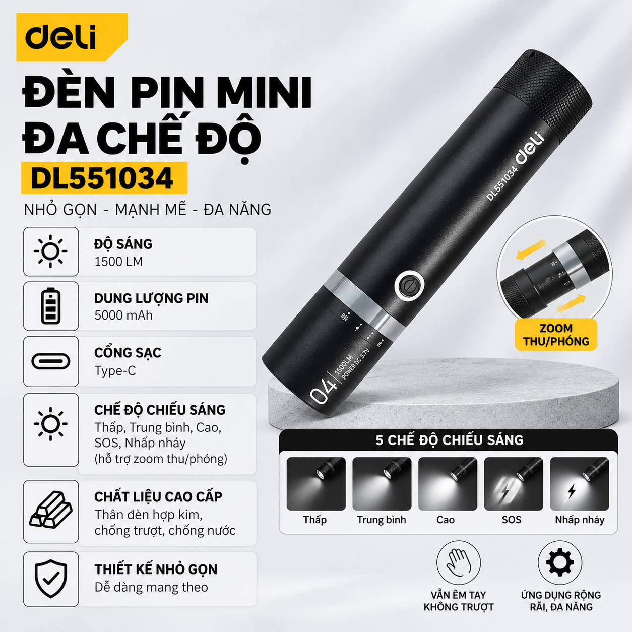 Đèn pin siêu sáng Đa chế độ Deli – Zoom vô cấp, chiếu xa, cầm tay tiện dụng cho gia đình & dã ngoại - Đèn pin đa chế độ 1500lm