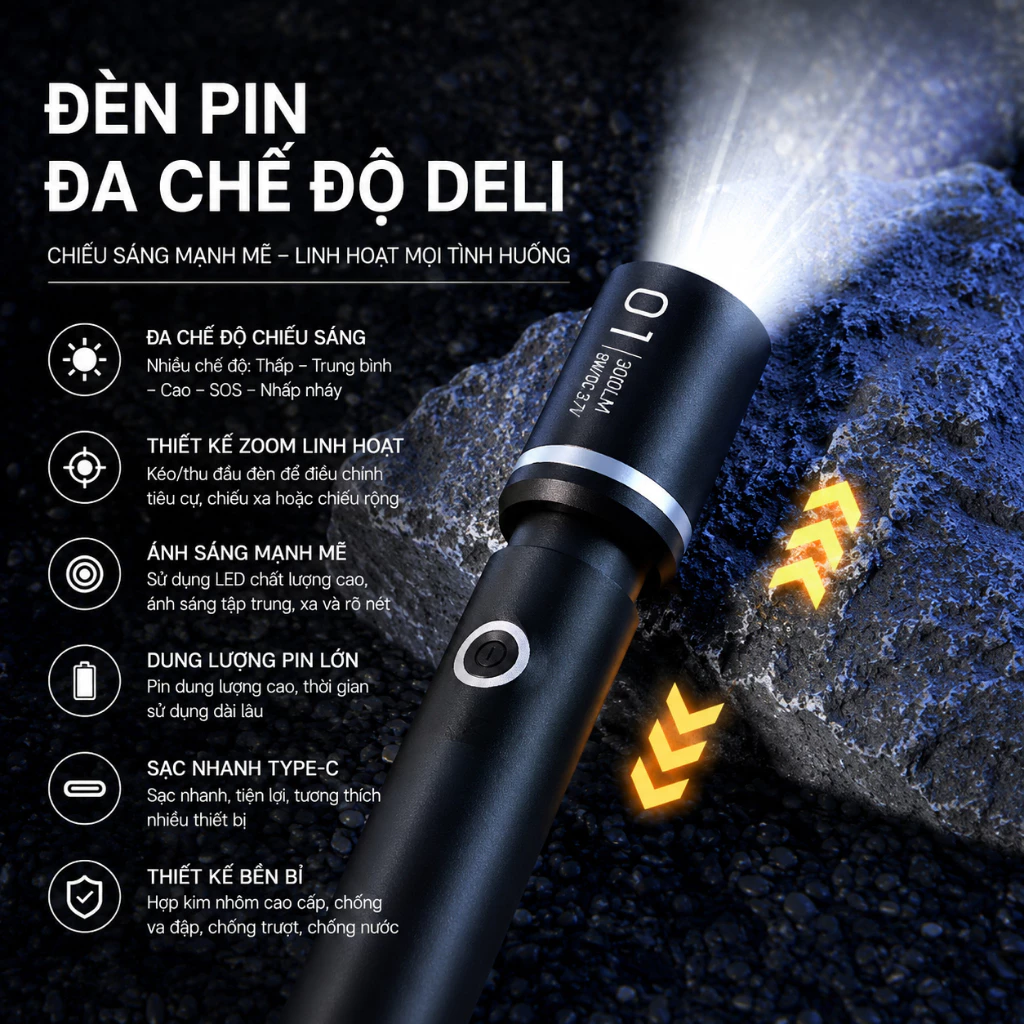 Đèn pin siêu sáng Đa chế độ Deli – Zoom vô cấp, chiếu xa, cầm tay tiện dụng cho gia đình & dã ngoại - Đèn pin đa chế độ 1500lm