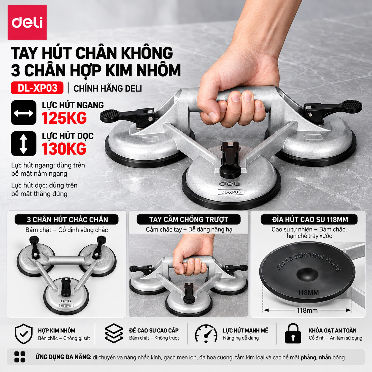 Dụng Cụ Hút Kính 3 Chân Deli DL-XP03 Hợp Kim Nhôm , Hít kính ba 130kg