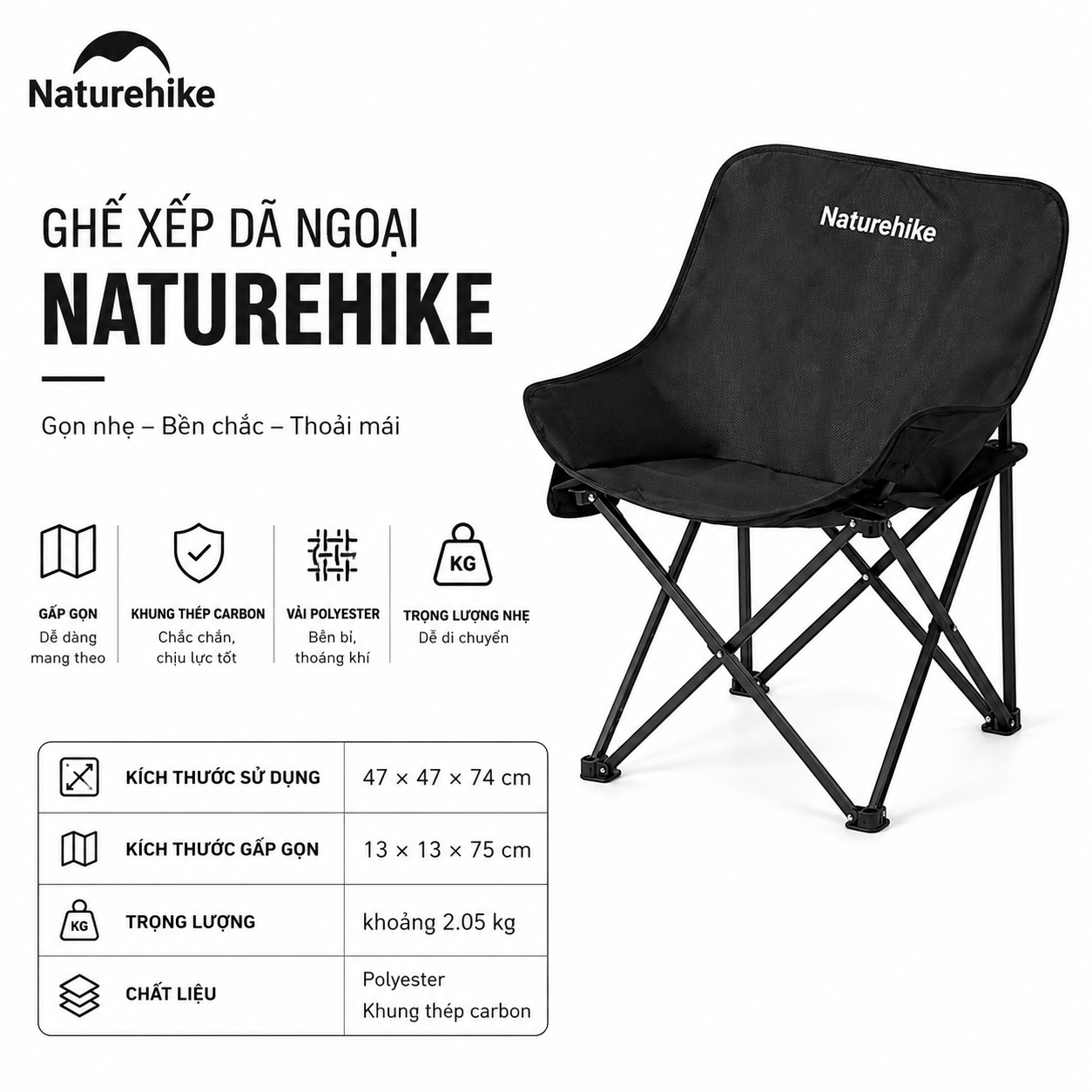Ghế Mặt Trăng Naturehike CNH23JU13002 Gấp Gọn - Đen L