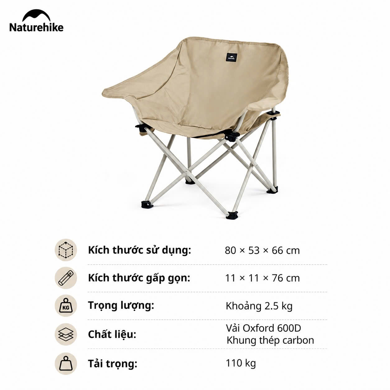 Ghế Mặt Trăng Naturehike CNH23JU13002 Gấp Gọn - Khaki tay vịn