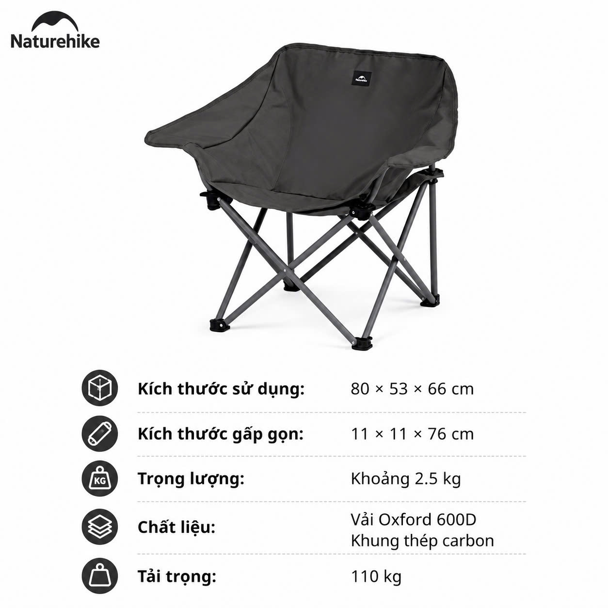 Ghế Mặt Trăng Naturehike CNH23JU13002 Gấp Gọn - Xám Đen tay vịn