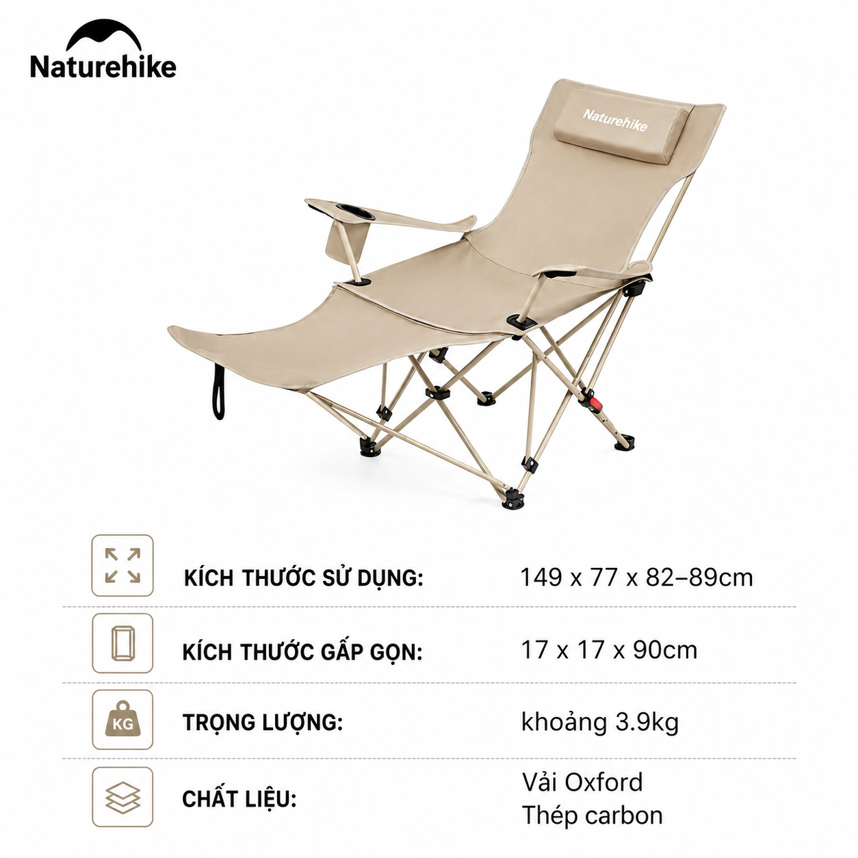 Ghế Xếp CNK2550JJ019 Camping Naturehike Có Gác Chân - Khaki