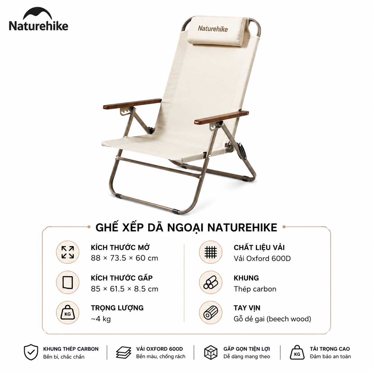 Ghế Xếp Camping Naturehike Low Chair - Kem