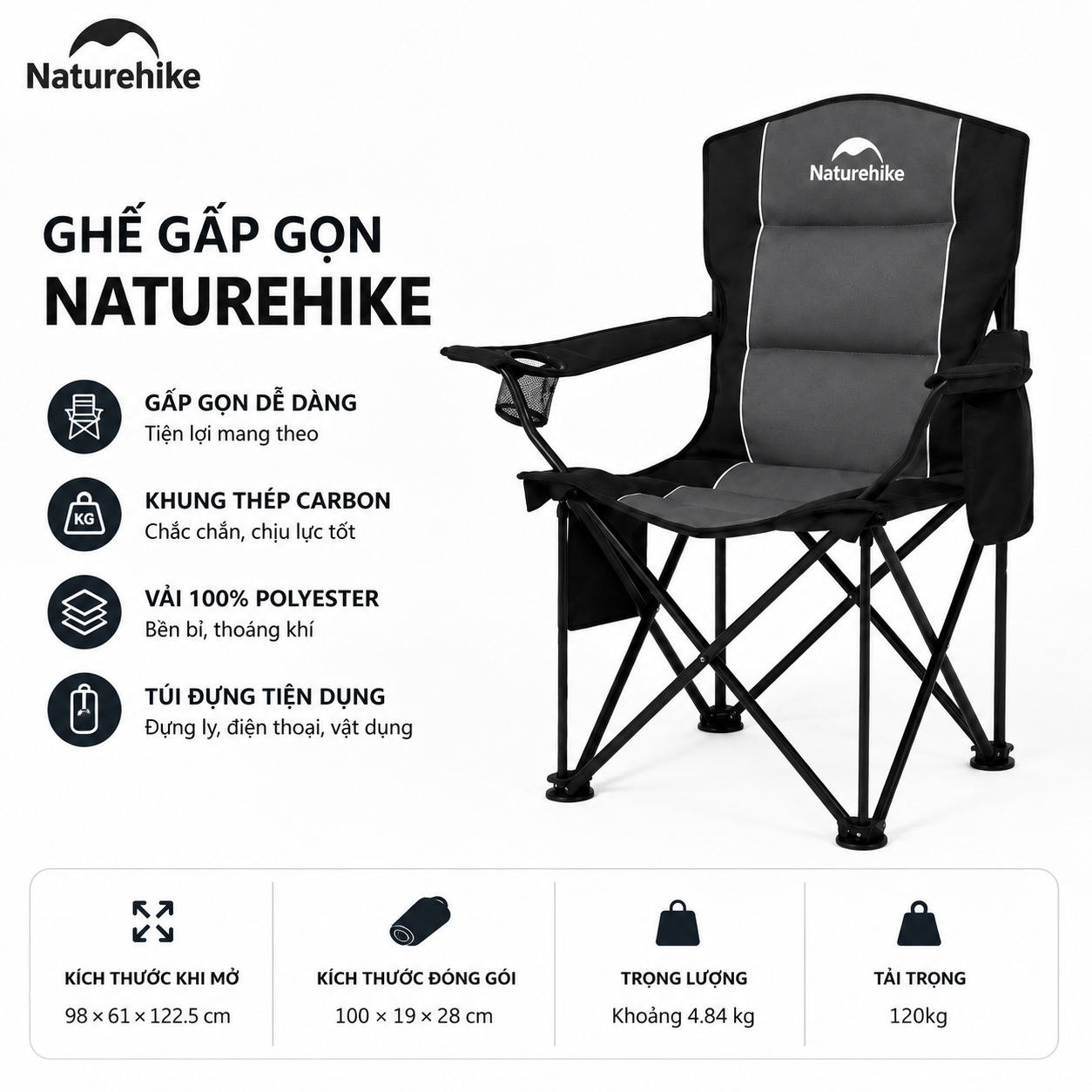 Ghế Xếp Câu Cá Naturehike - Màu Đen - 1 Ghế