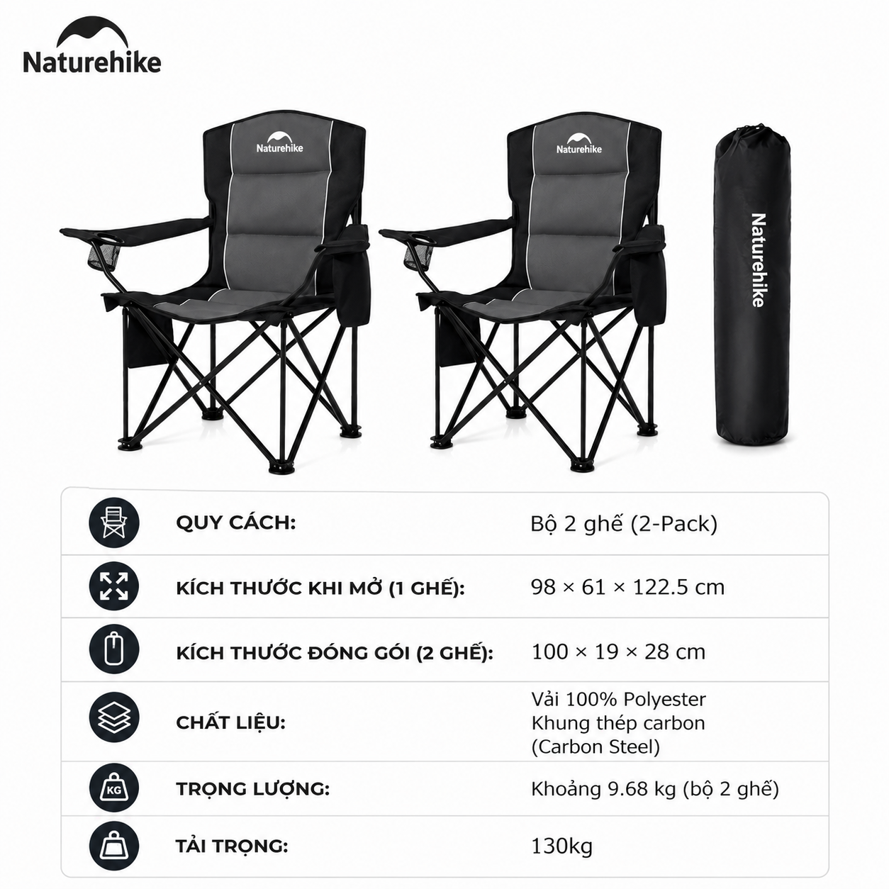 Ghế Xếp Câu Cá Naturehike - Màu Đen (1 bộ 2 ghế)