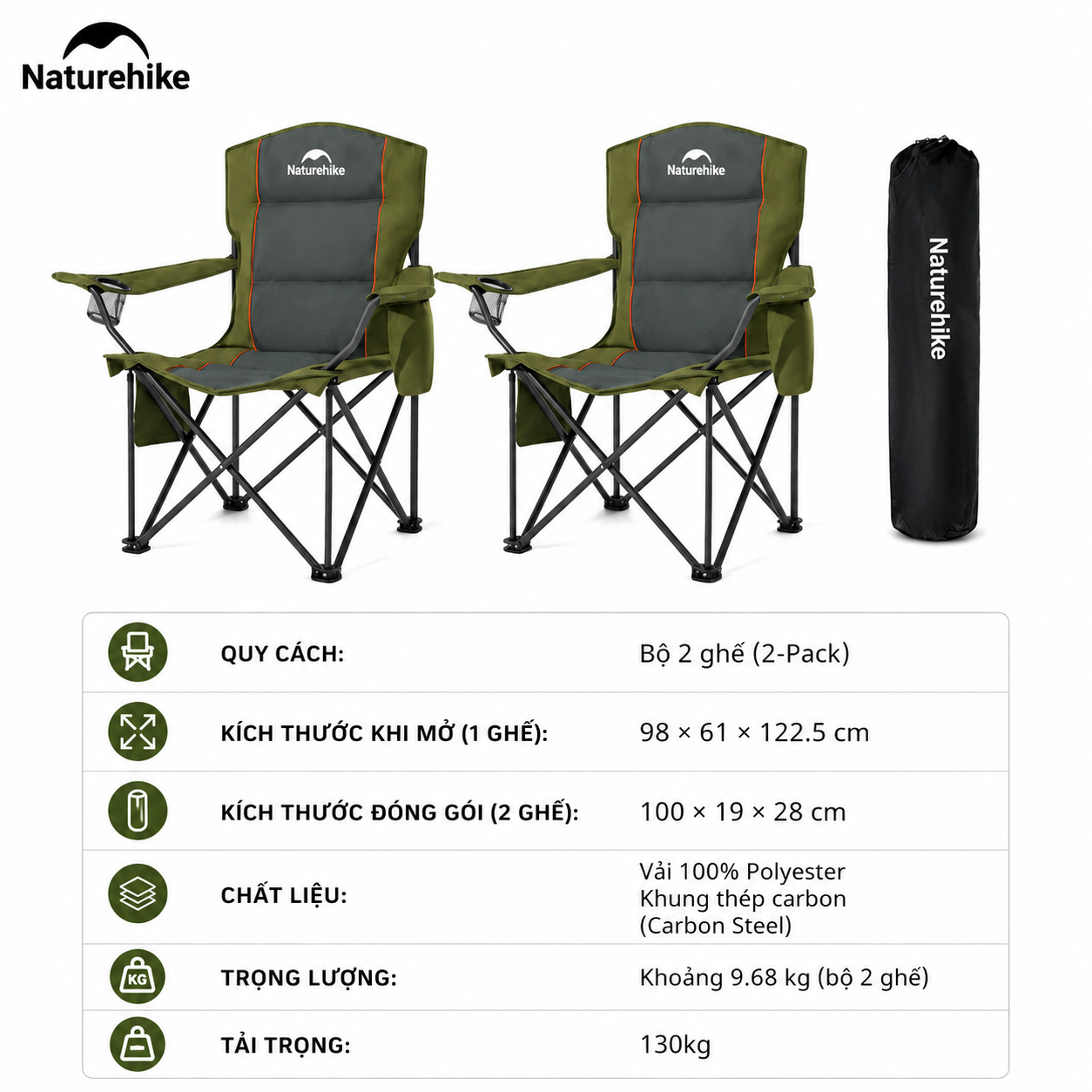 Ghế Xếp Câu Cá Naturehike - Màu Xanh Lá (1 bộ 2 ghế)