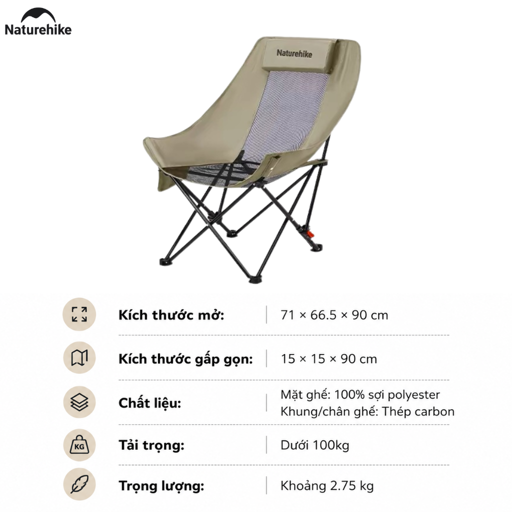 Ghế Xếp Dã Ngoại CNK2550JJ019 Naturehike - KHAKI LƯỚI