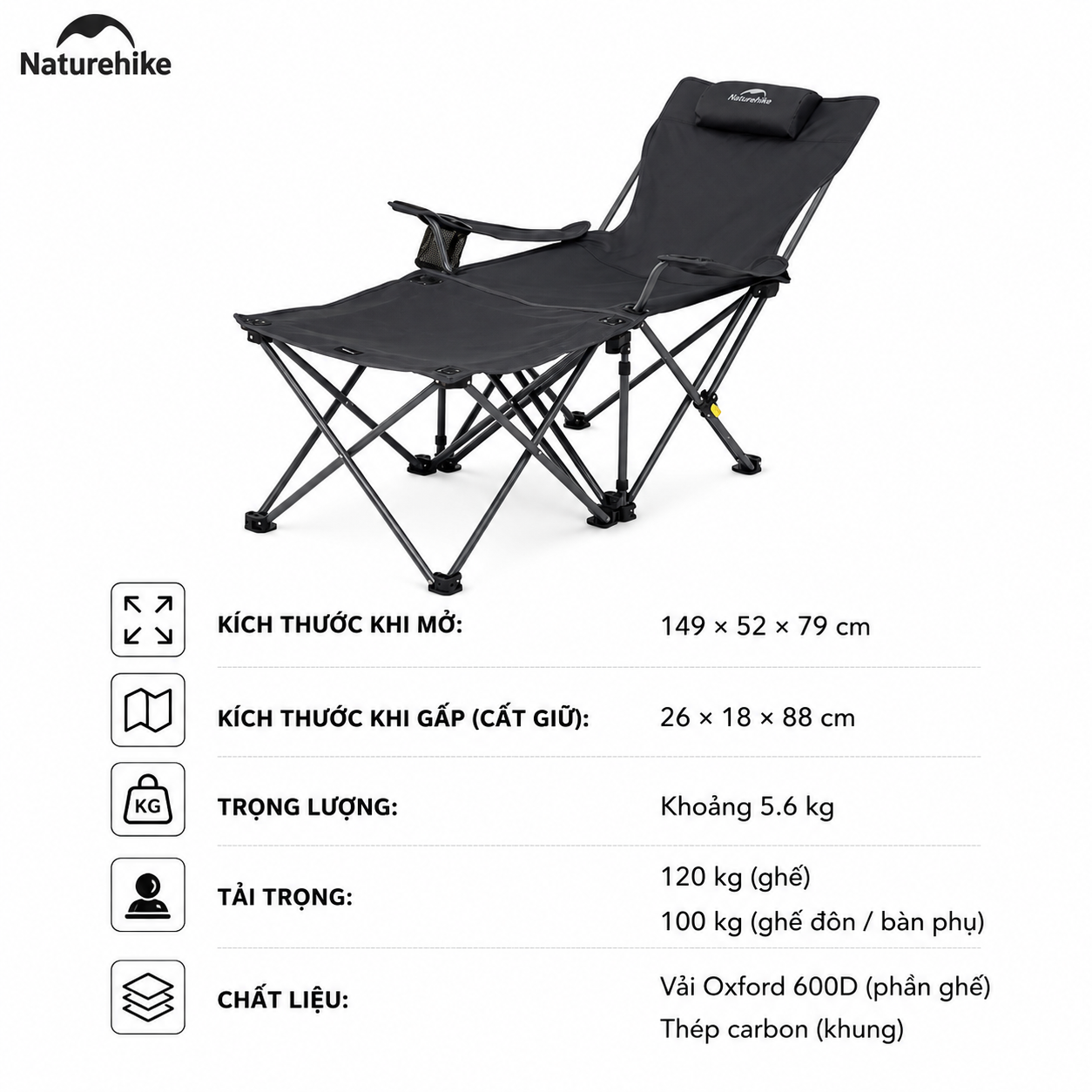 Ghế Xếp Dã Ngoại Gác Chân Tay 2in1 Naturehike - Màu đen