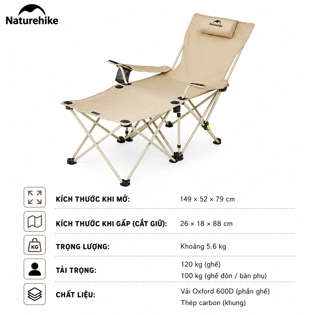 Ghế Xếp Dã Ngoại Gác Chân Tay 2in1 Naturehike - Màu khaki