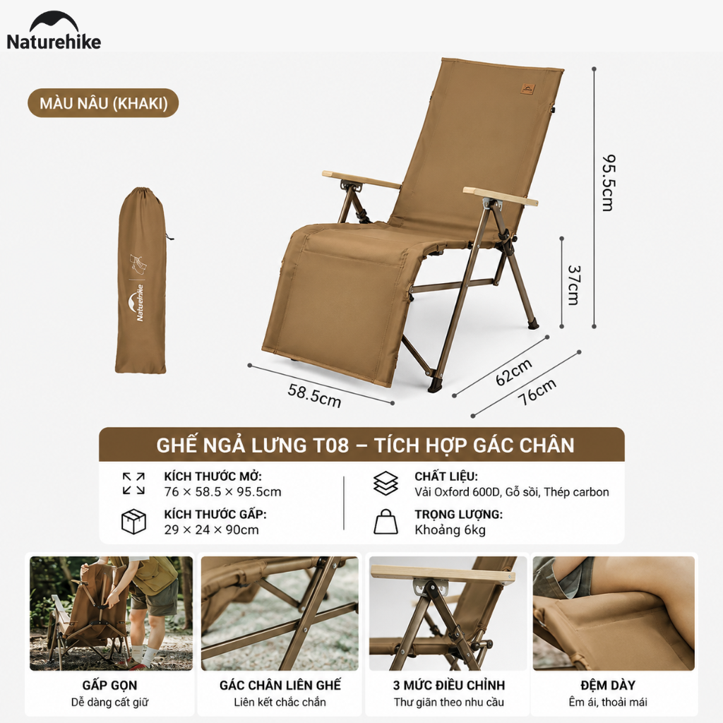 Ghế Xếp Ngả Lưng Naturehike - Khaki