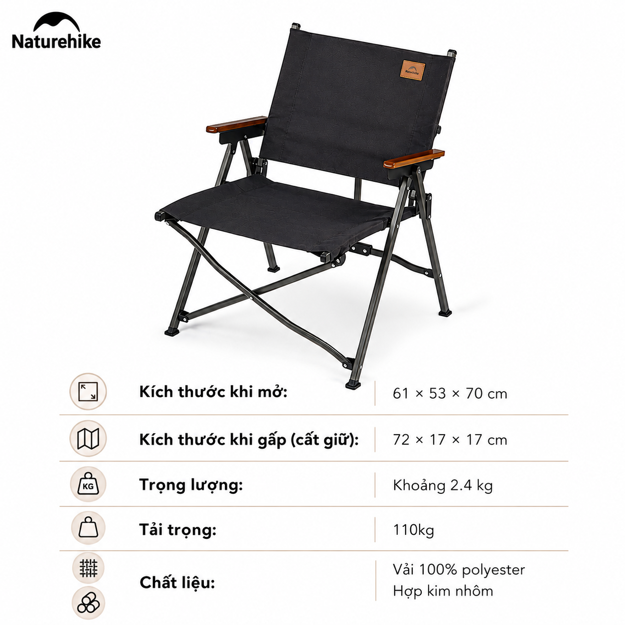 Ghế cắm trại gấp gọn Naturehike Portable Camping Chair CNK2300JJ018 - Màu đen