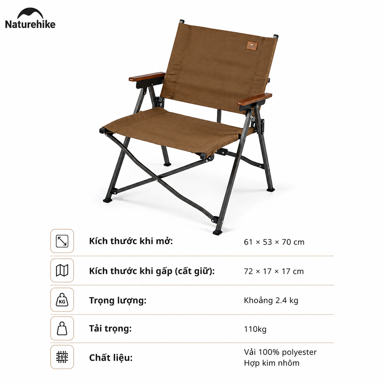 Ghế cắm trại gấp gọn Naturehike Portable Camping Chair CNK2300JJ018 - Màu nâu