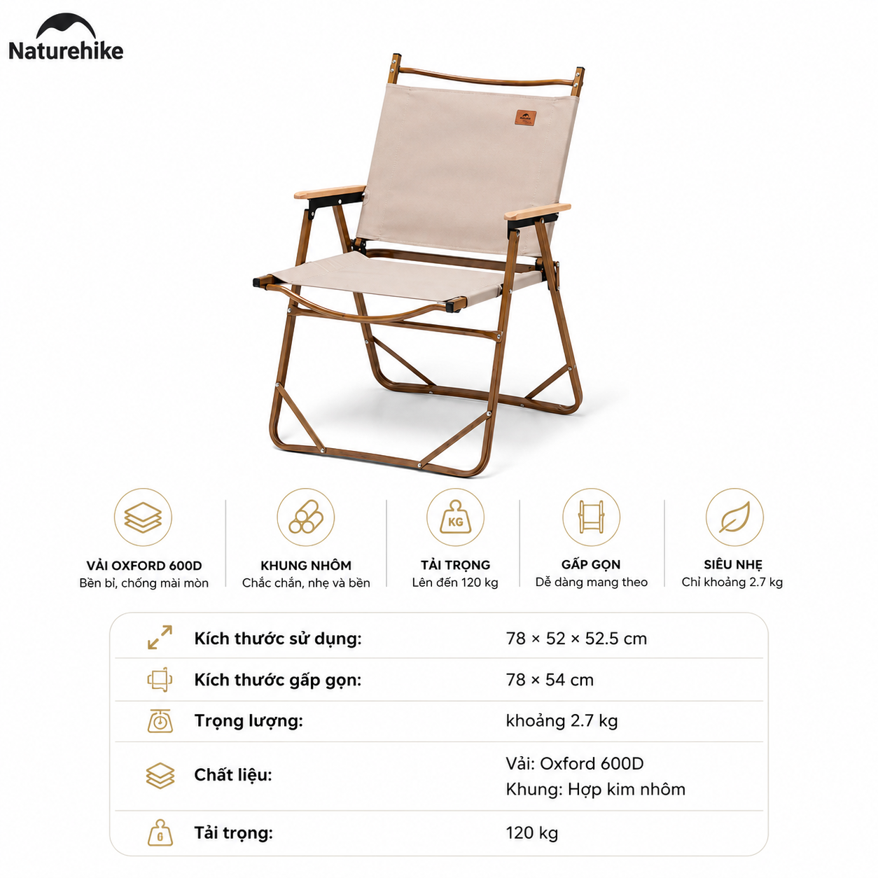 Ghế gấp gọn Kermit có tay vịn Naturehike NH19Y002-D - KHAKI