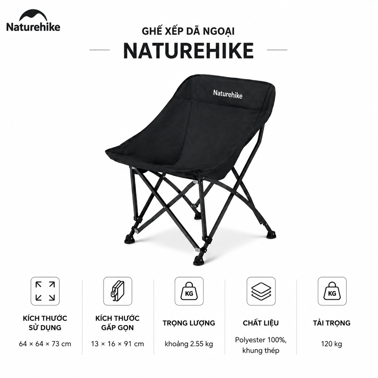 Ghế gấp gọn dã ngoại mặt trăng, moon chair Naturehike CNK2550JJ022 - Đen