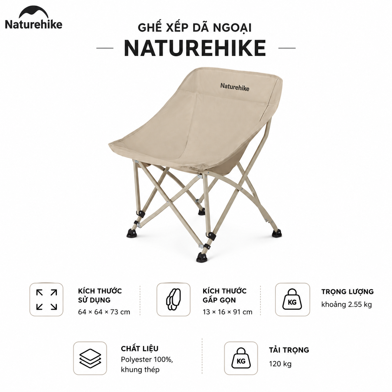 Ghế gấp gọn dã ngoại mặt trăng, moon chair Naturehike CNK2550JJ022 - Kaki