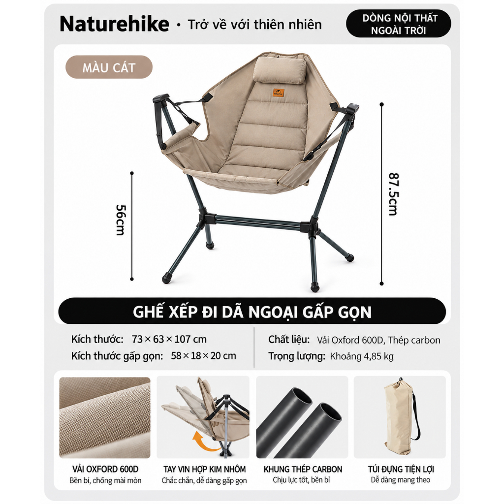 Ghế võng siêu nhẹ Naturehike - Màu kem