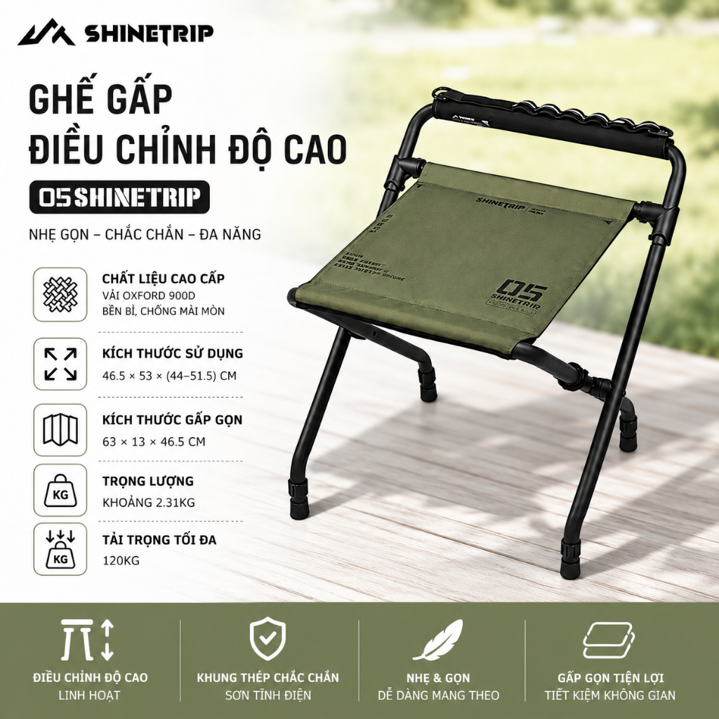 Ghế xếp ShineTrip điều chỉnh cao thấp có tay vịn - màu Xanh