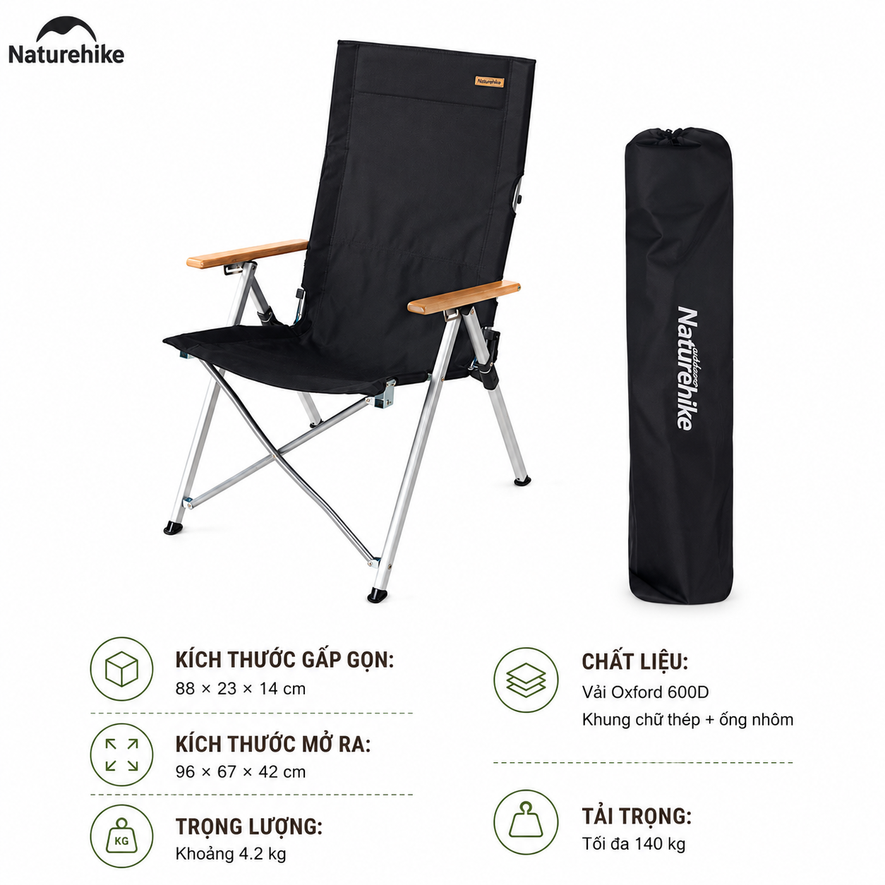 Ghế xếp có tay tựa Naturehike Portable Folding Chair NH17T003-Y - Đen