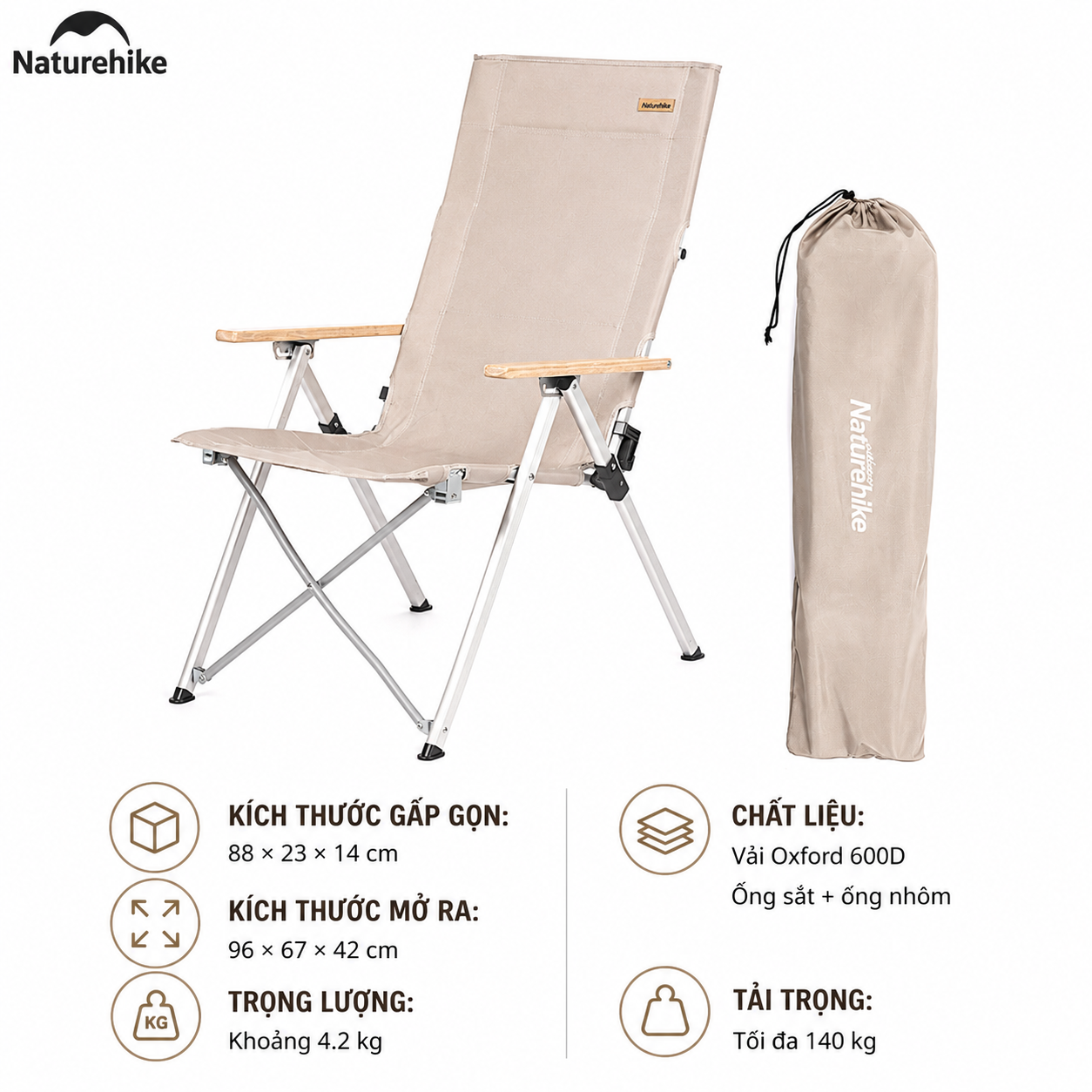 Ghế xếp có tay tựa Naturehike Portable Folding Chair NH17T003-Y - Kaki