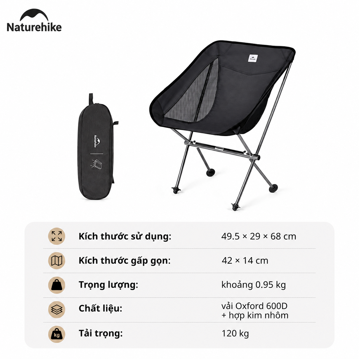 Ghế xếp mini gọn nhẹ Naturehike CNK2450JJ015 - M(Lưng Thấp) Đen