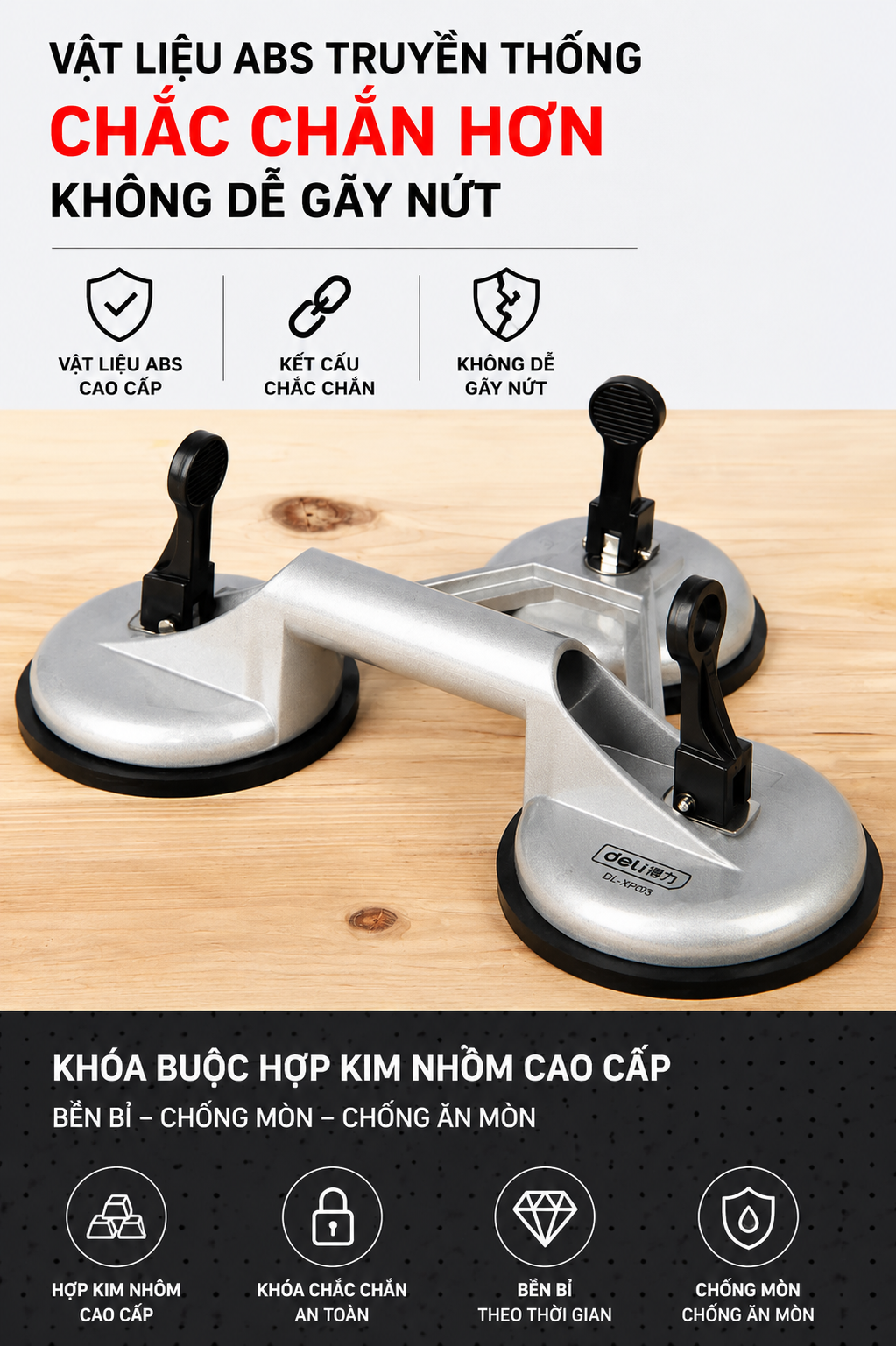 Dụng Cụ Hút Kính 3 Chân Deli DL-XP03 Hợp Kim Nhôm , Hít kính ba 130kg
