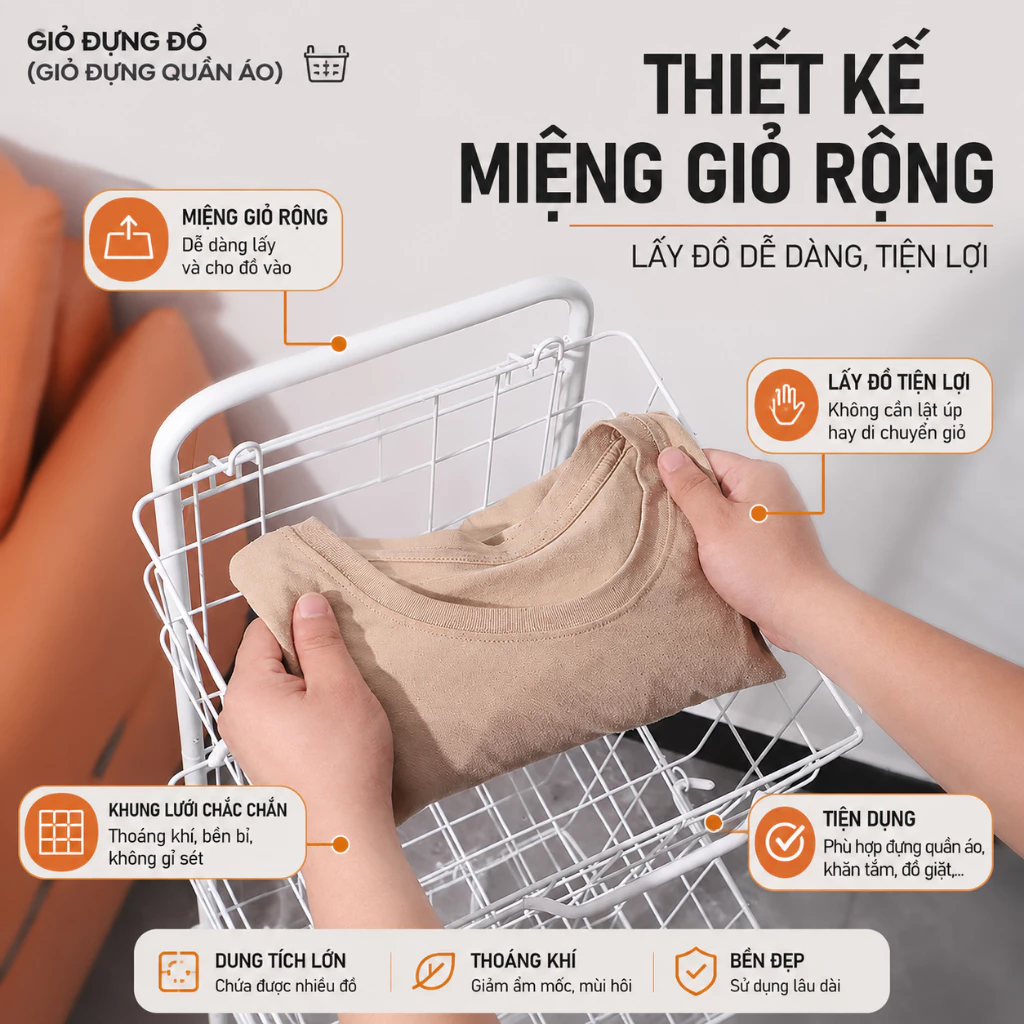 Kệ giỏ giặt Có Bánh Xe - BỘ 3 GIỎ VUÔNG/ ĐEN