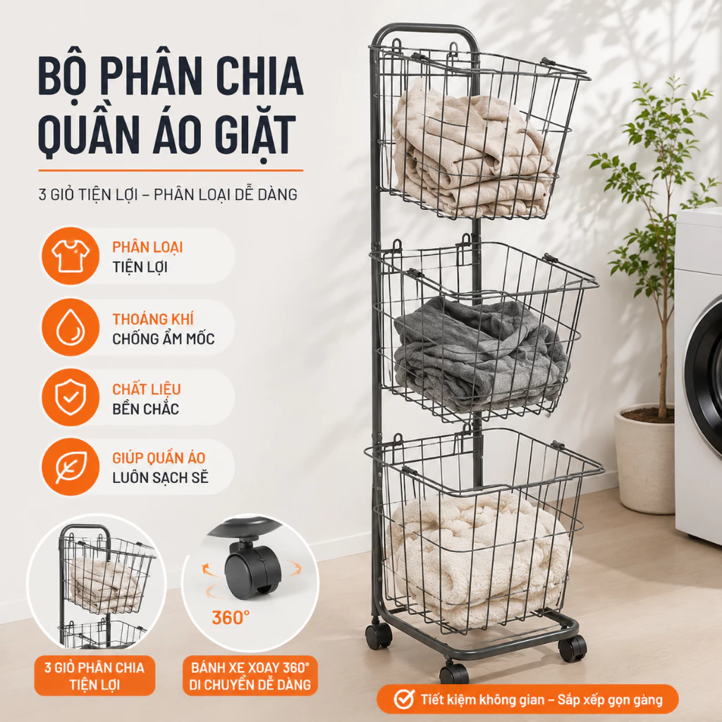 Kệ giỏ giặt Có Bánh Xe - BỘ 3 GIỎ VUÔNG/ ĐEN