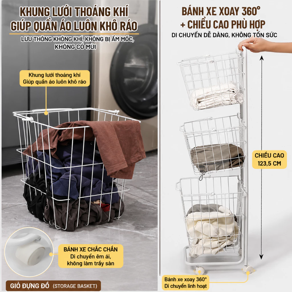 Kệ giỏ giặt Có Bánh Xe - BỘ 3 GIỎ VUÔNG/ TRẮNG