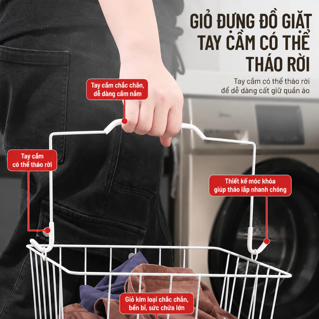 Kệ giỏ giặt Có Bánh Xe - BỘ 3 GIỎ VUÔNG/ TRẮNG