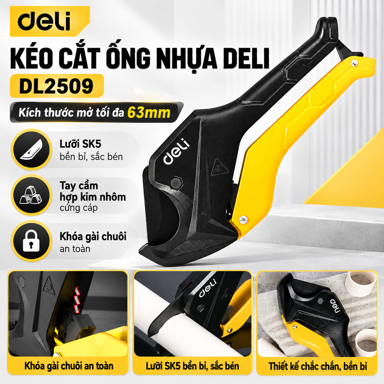 Kéo Cắt Ống Nhựa 63mm Lưỡi Đen Cao Cấp