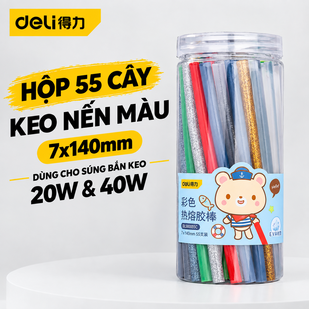 Keo nến màu 7x140mm cho súng bắn keo 20w, 40w - Hộp 55 cây