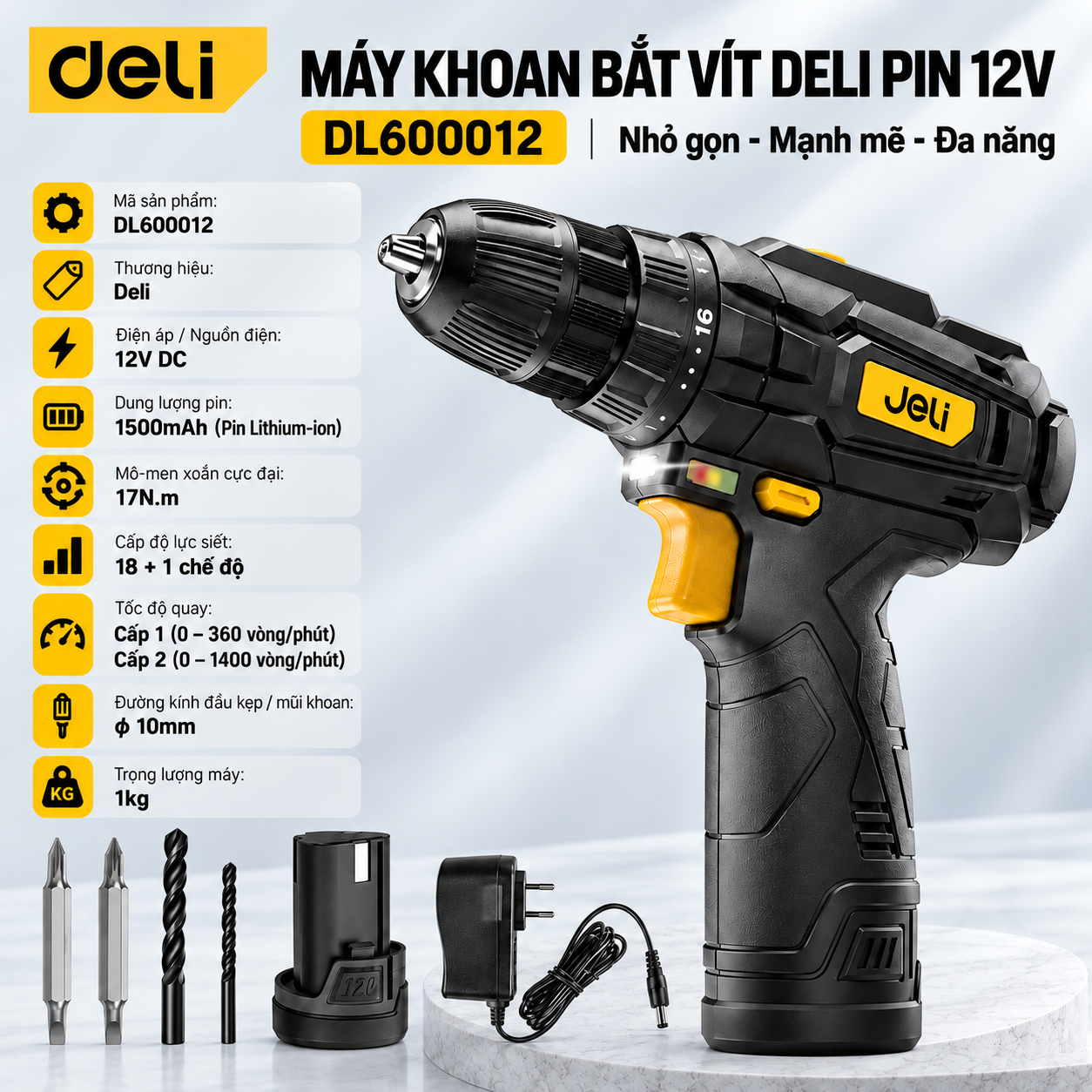 Máy Khoan Bắt Vít Deli Pin 12V