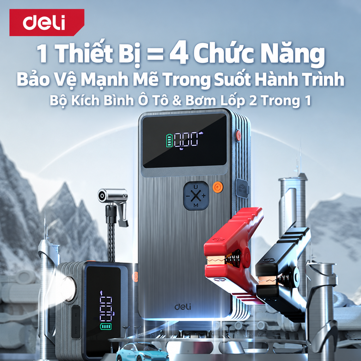 Máy Kích Bình, Bơm Hơi 2 Trong 1 - 8000mAh 150psi Deli