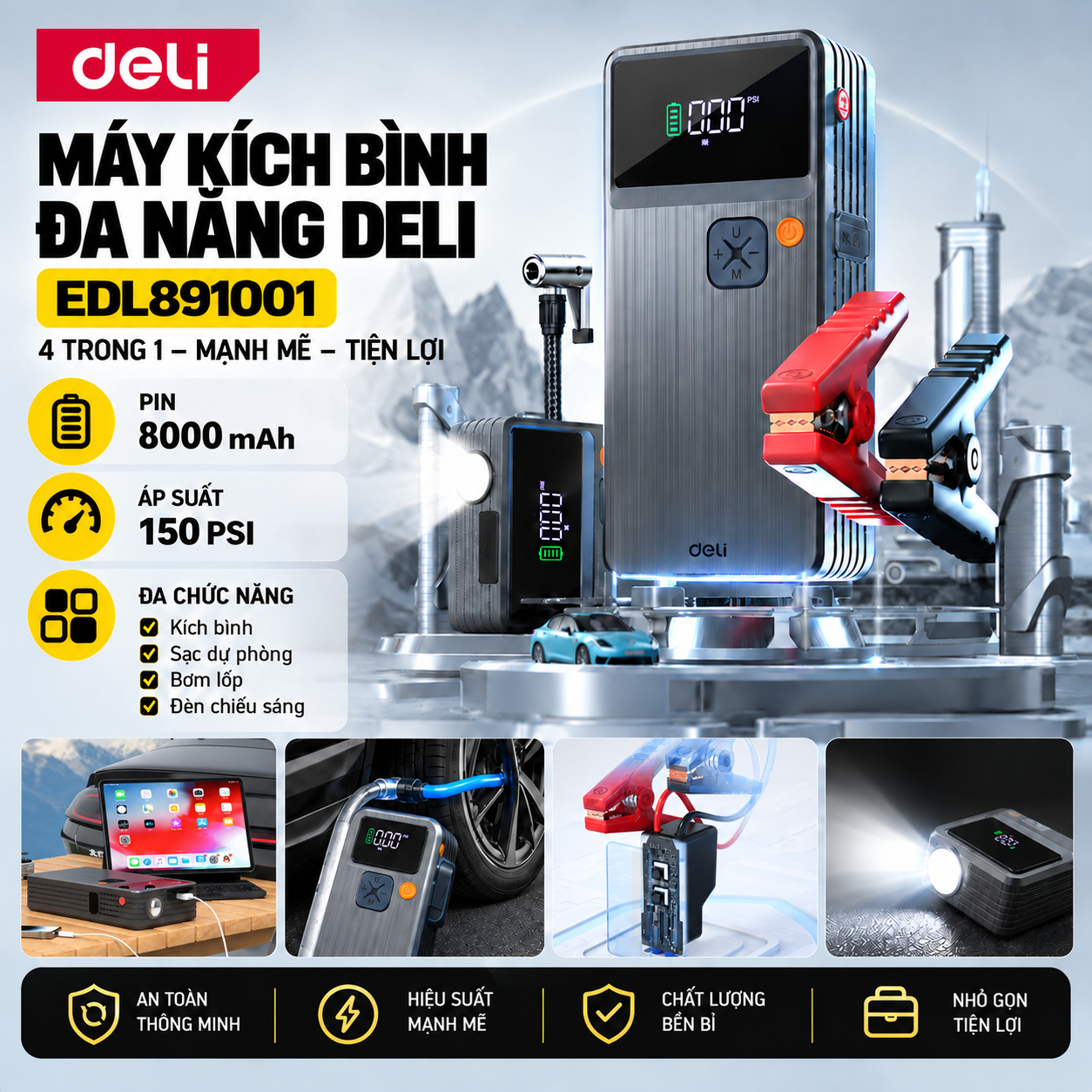 Máy Kích Bình, Bơm Hơi 2 Trong 1 - 8000mAh 150psi Deli