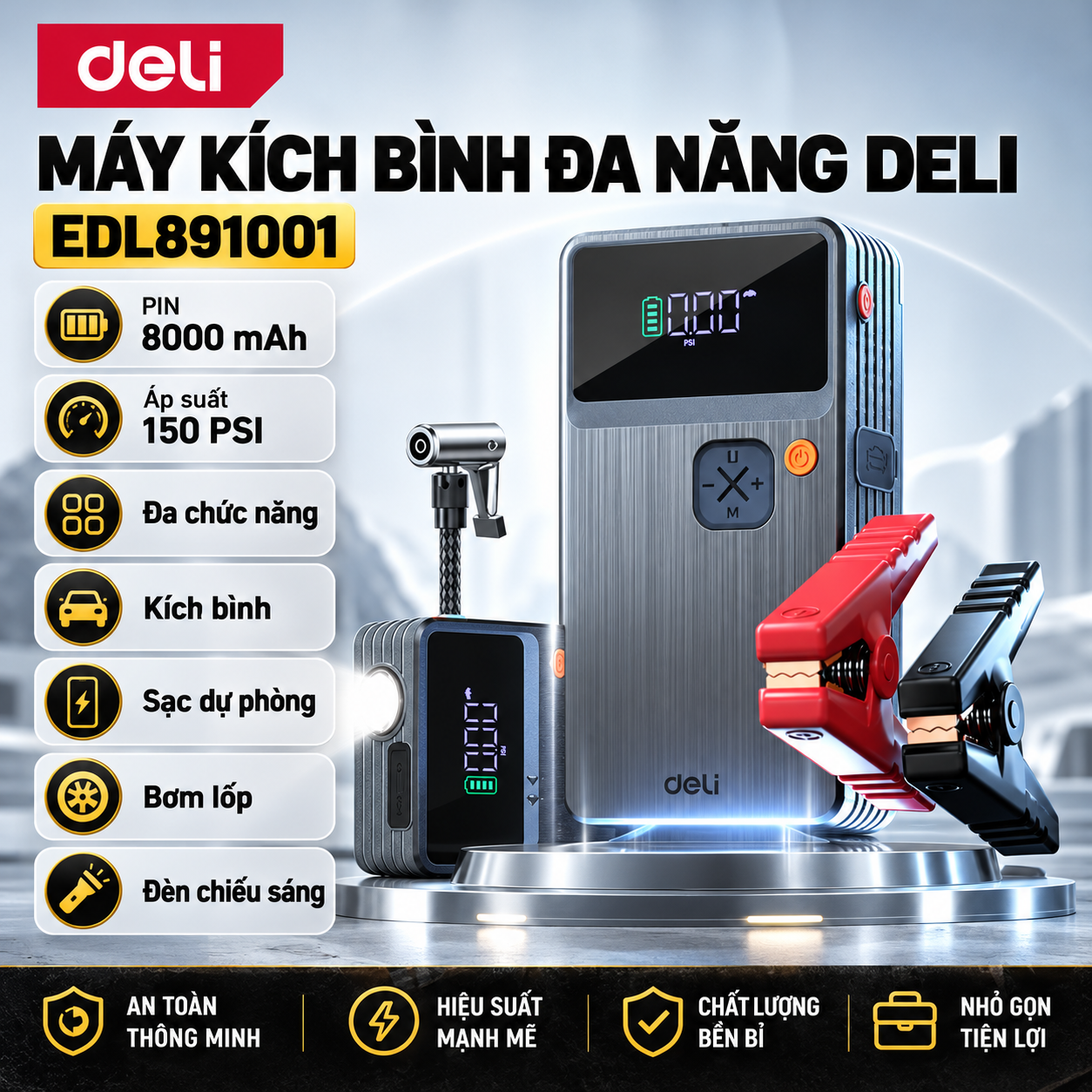 Máy Kích Bình, Bơm Hơi 2 Trong 1 - 8000mAh 150psi Deli