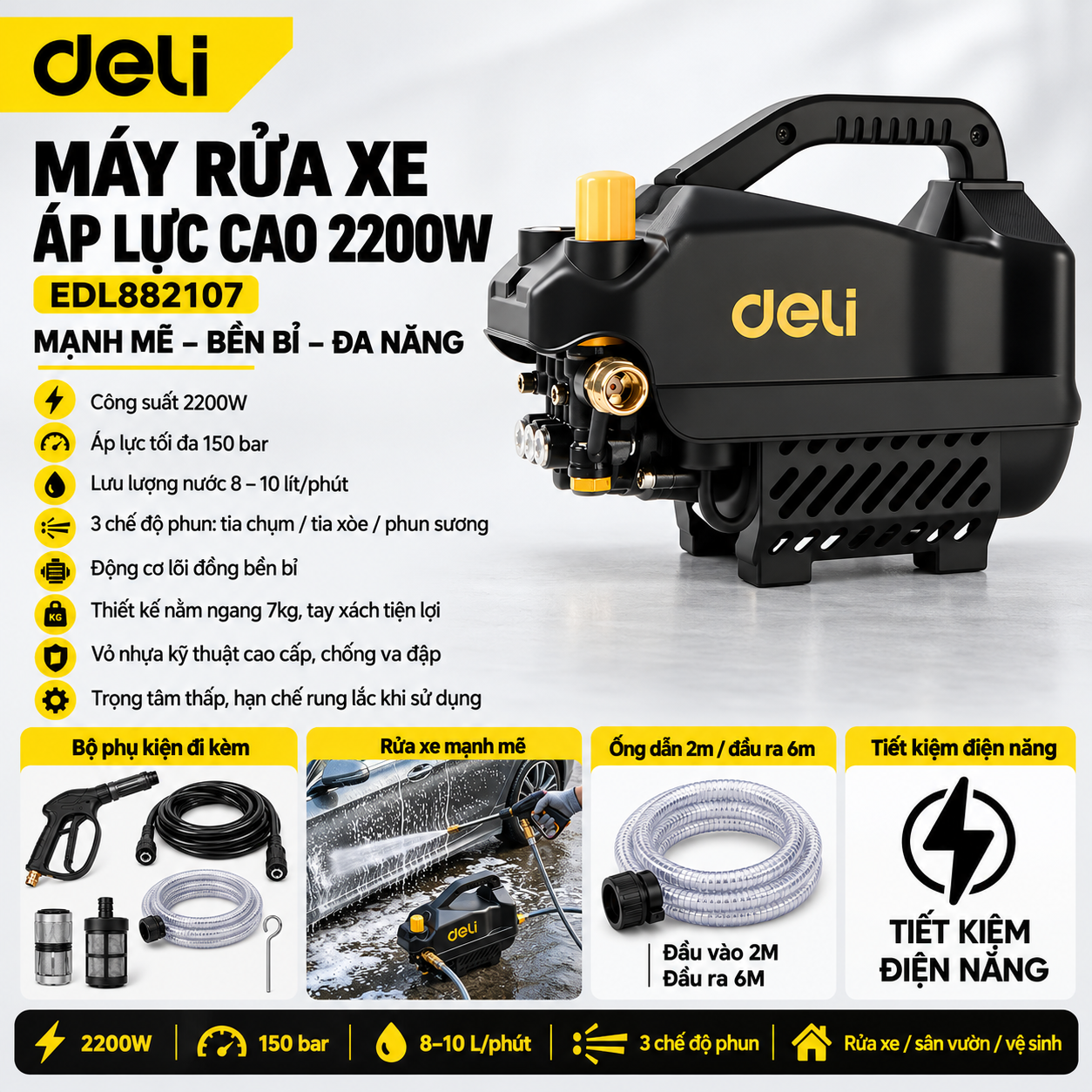 Máy Rửa Xe Áp Lực Cao Dạng Nằm 2200W Deli