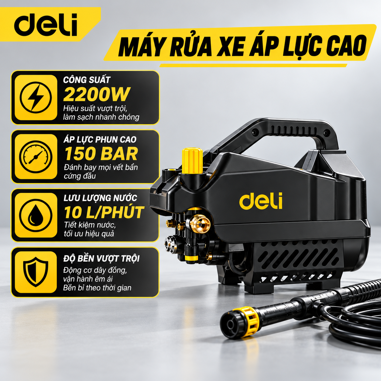 Máy Rửa Xe Áp Lực Cao Dạng Nằm 2200W Deli