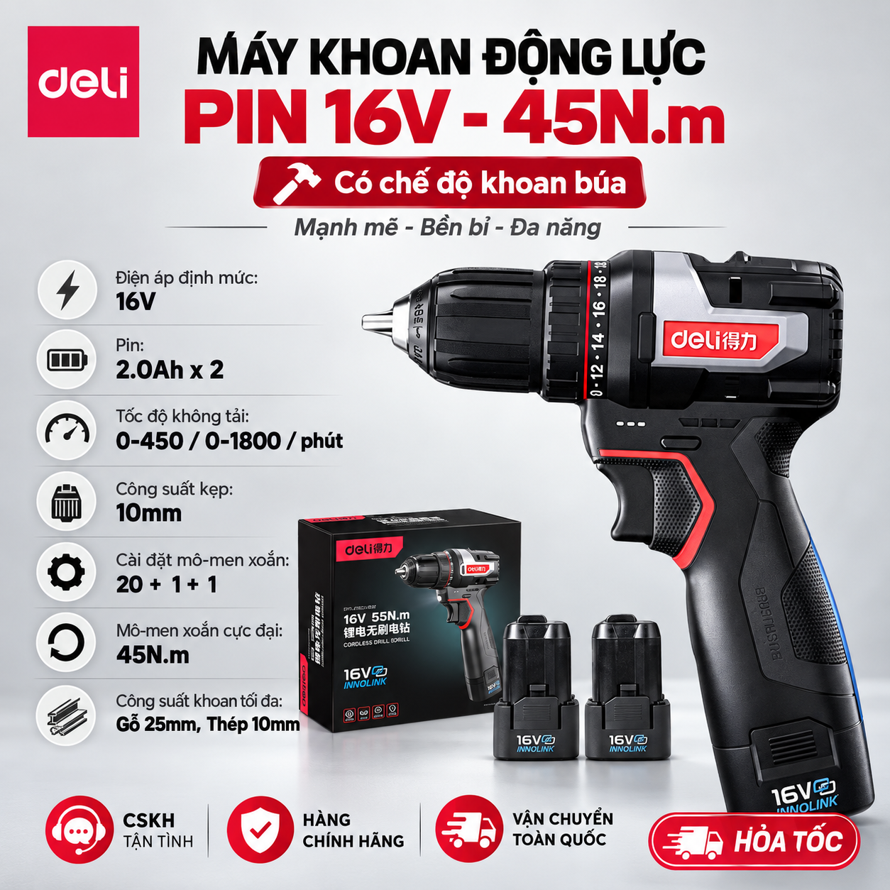 Máy khoan động lực pin 16V- 45N.m