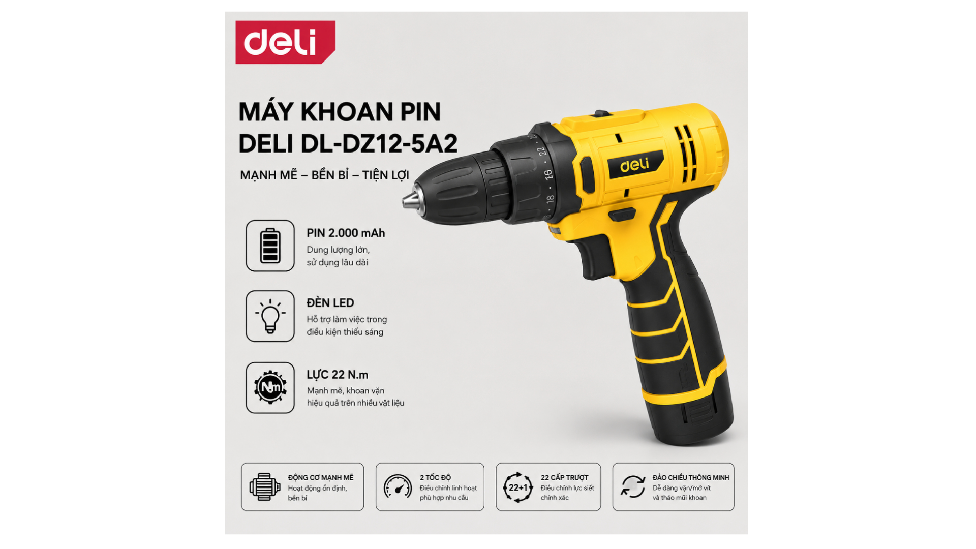 Máy khoan pin 12V, 2.0Ah DL-DZ12-5A2