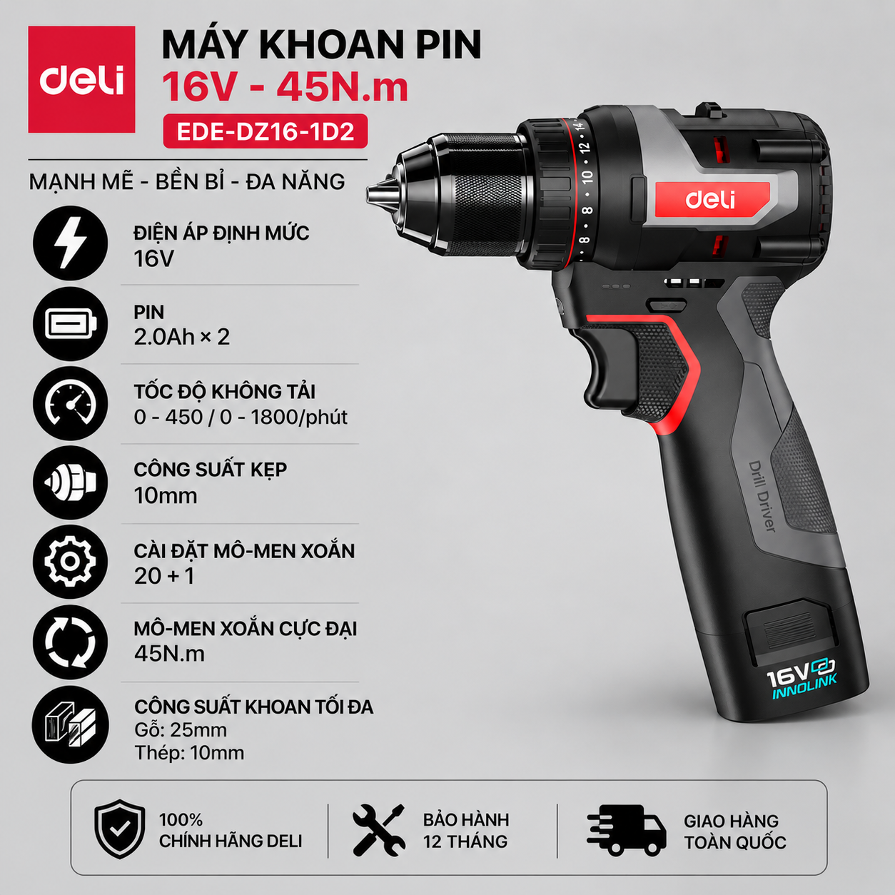 Máy khoan pin 16V - 45N.m - Máy khoan không dây Lithium-ion