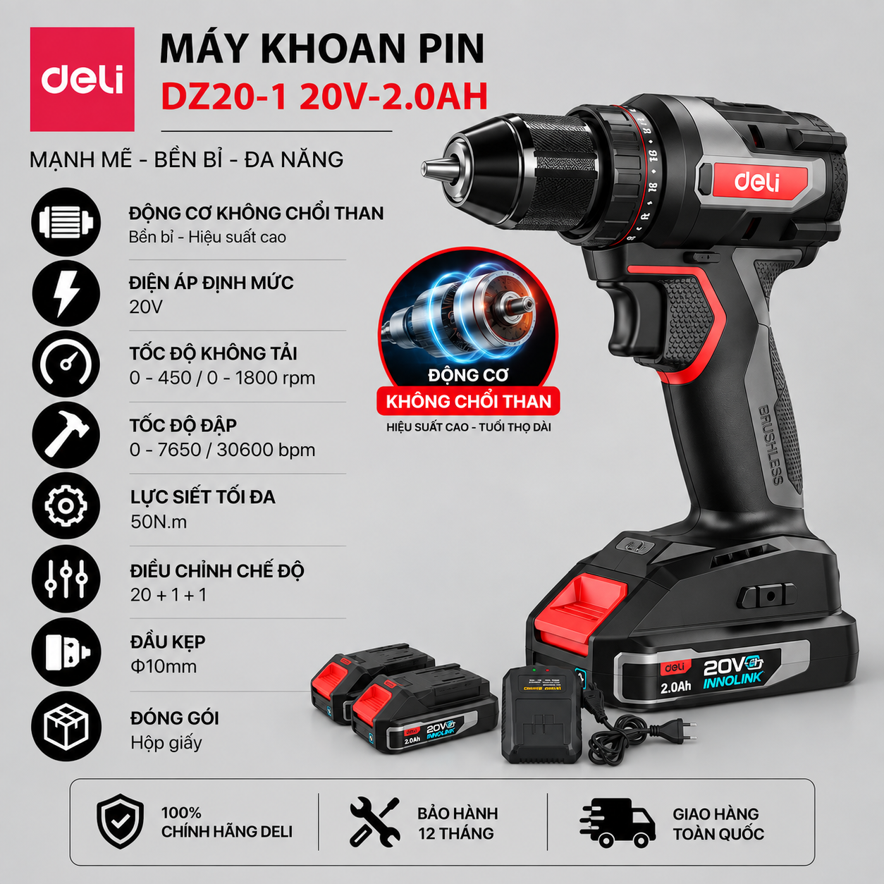 Máy khoan pin 20V-2.0Ah - Đỏ đen