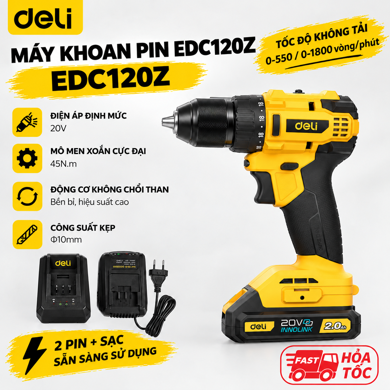 Máy khoan pin 20V 45N.m - Vàng đen