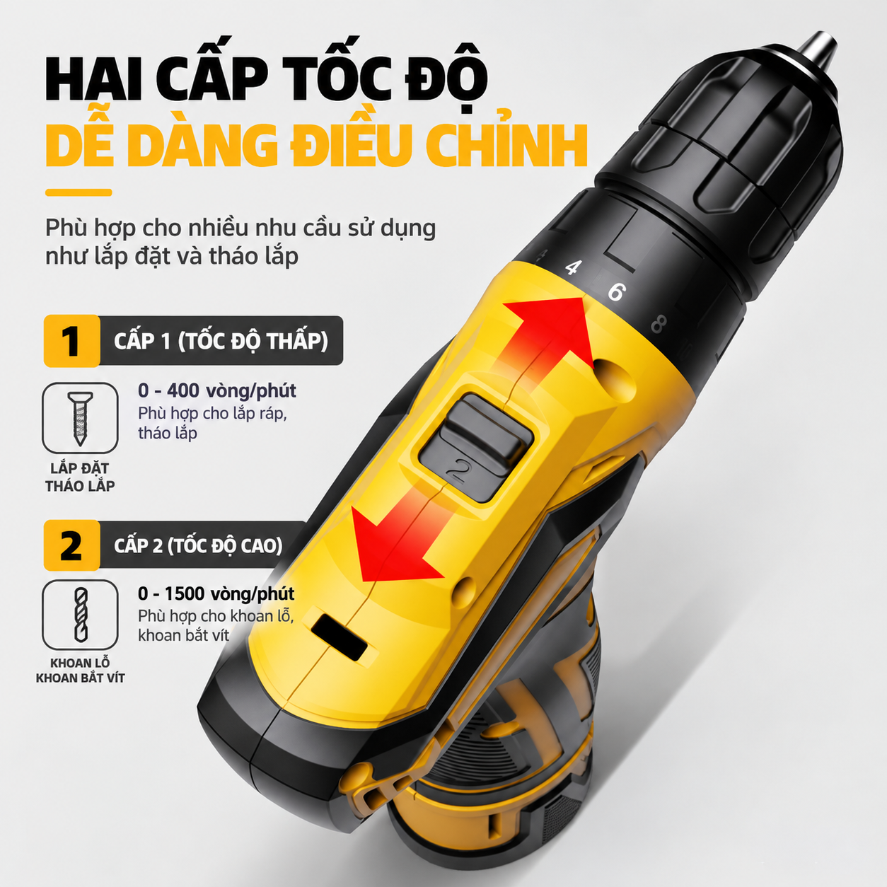 Máy khoan pin - Điện áp: 12V - Dung lượng pin: 1500mah - Lực siết tối đa: 25NM