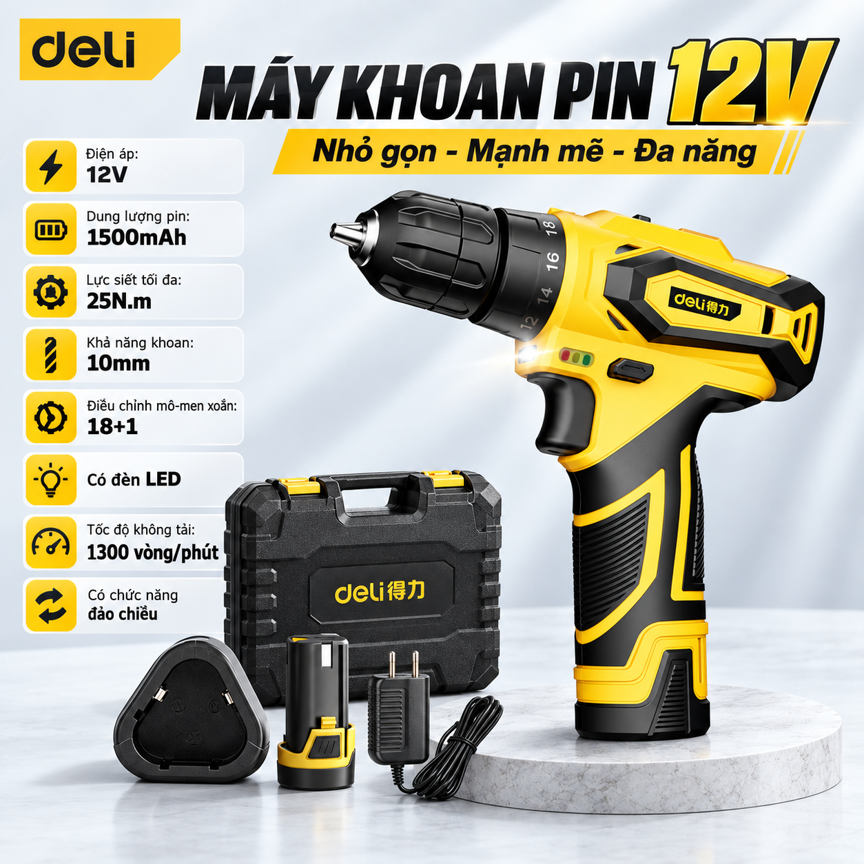 Máy khoan pin - Điện áp: 12V - Dung lượng pin: 1500mah - Lực siết tối đa: 25NM