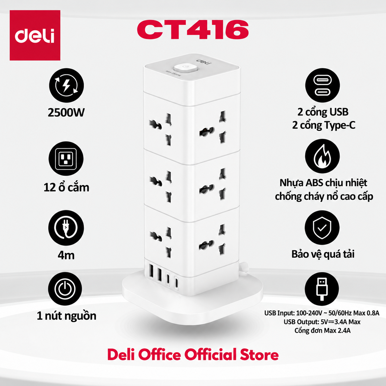 Ổ cắm điện lập phương_12 ổ+2A2C+4m C