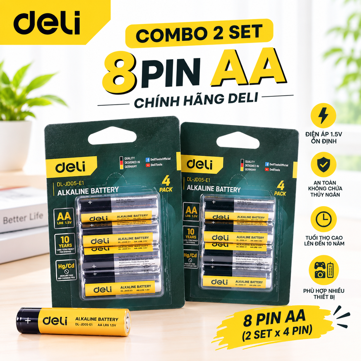 Set 2 vỉ Pin kiềm Deli AA (8pin)