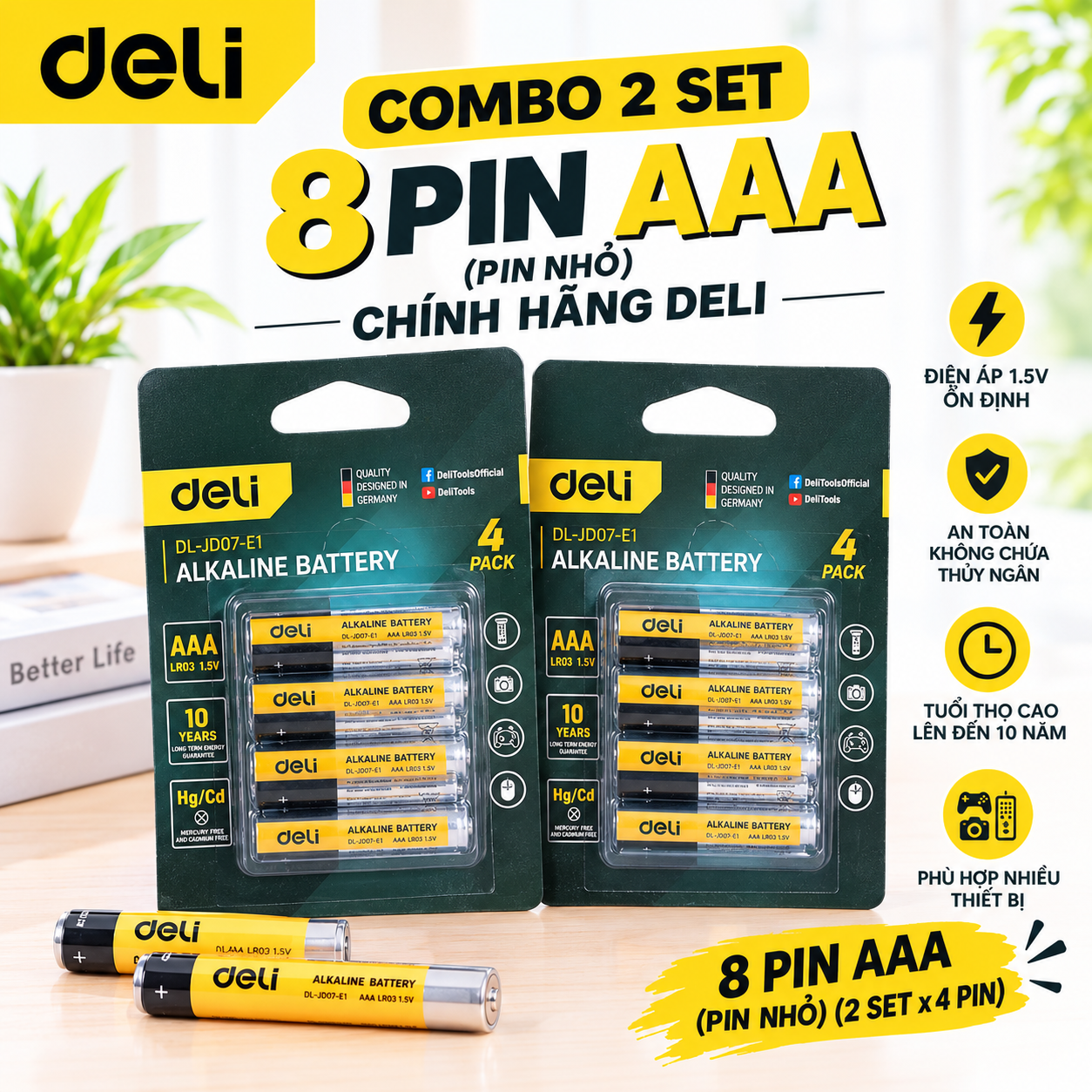 Set 2 vỉ Pin kiềm Deli AAA (8pin)
