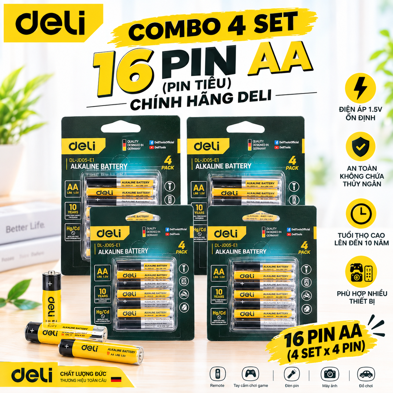 Set 4 vỉ Pin kiềm Deli AA (16pin)