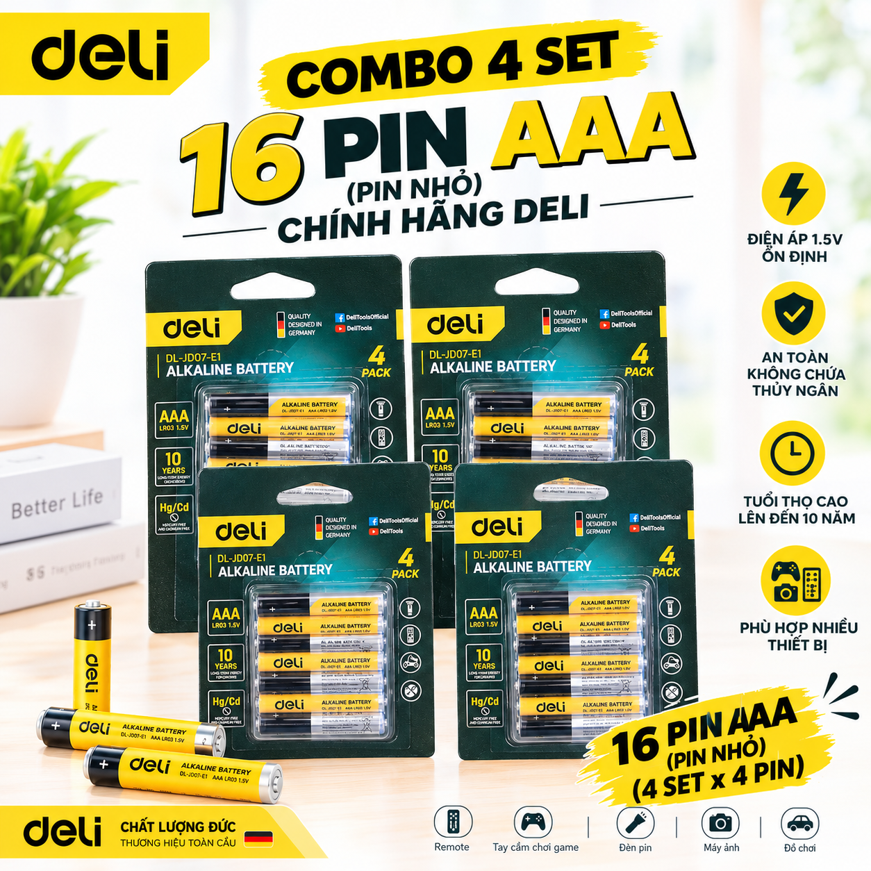 Set 4 vỉ Pin kiềm Deli AAA (16pin)
